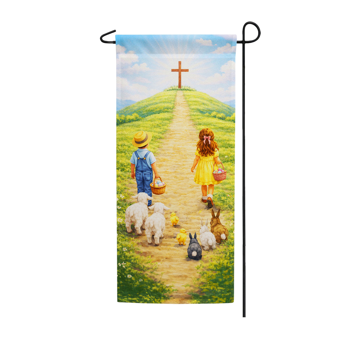 Easter Children Walking to Cross Double Sided Banner Garden Flag 12.5" x 28"
