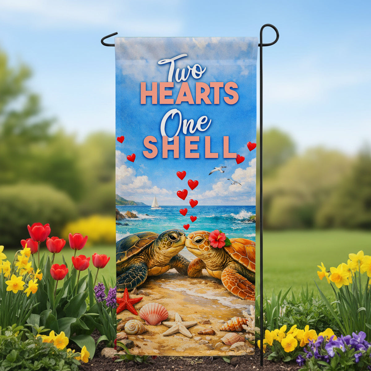 Two Hearts One Shell Sea Turtles Double Sided Garden Banner Flag 12.5 x 28 inch