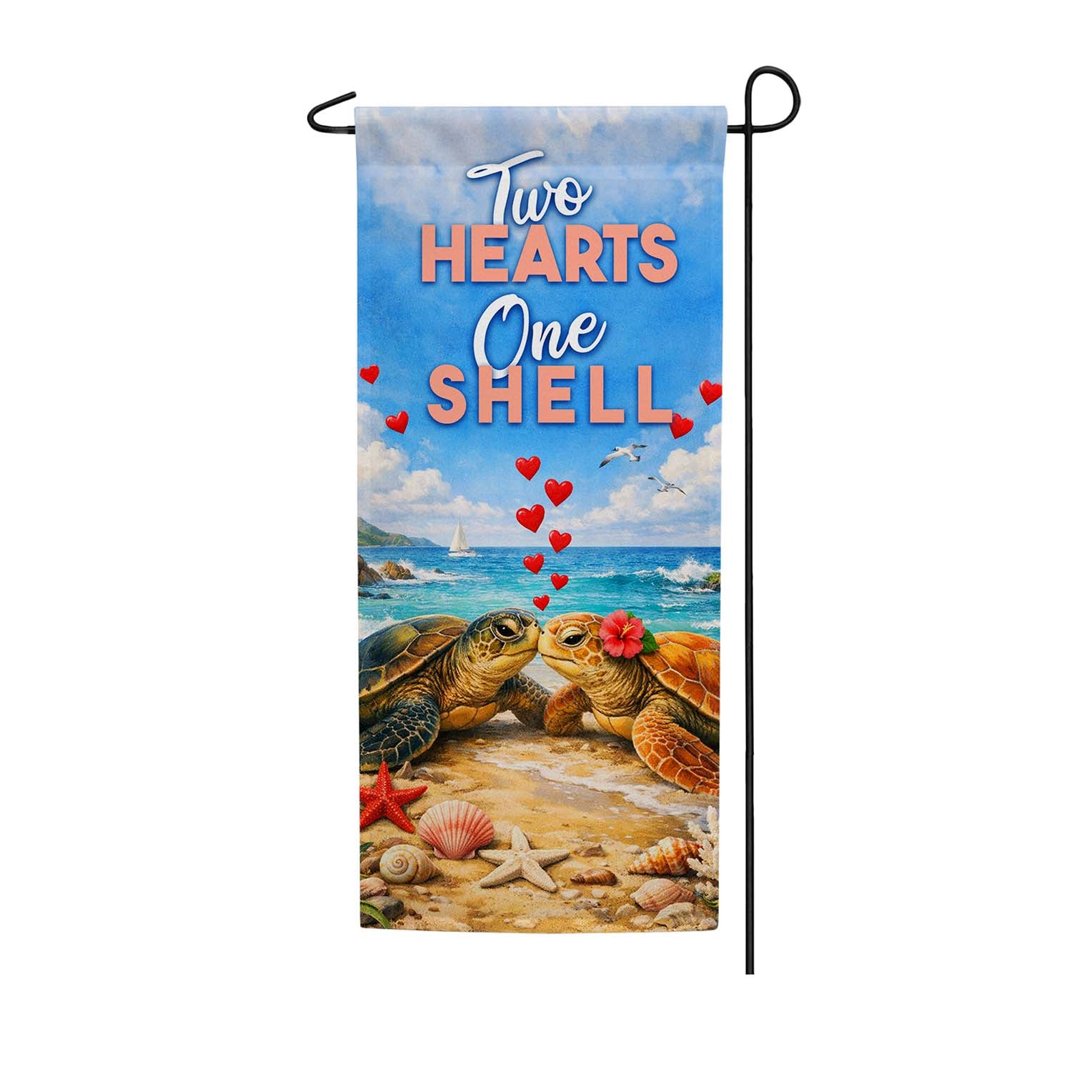 Two Hearts One Shell Sea Turtles Double Sided Garden Banner Flag 12.5 x 28 inch