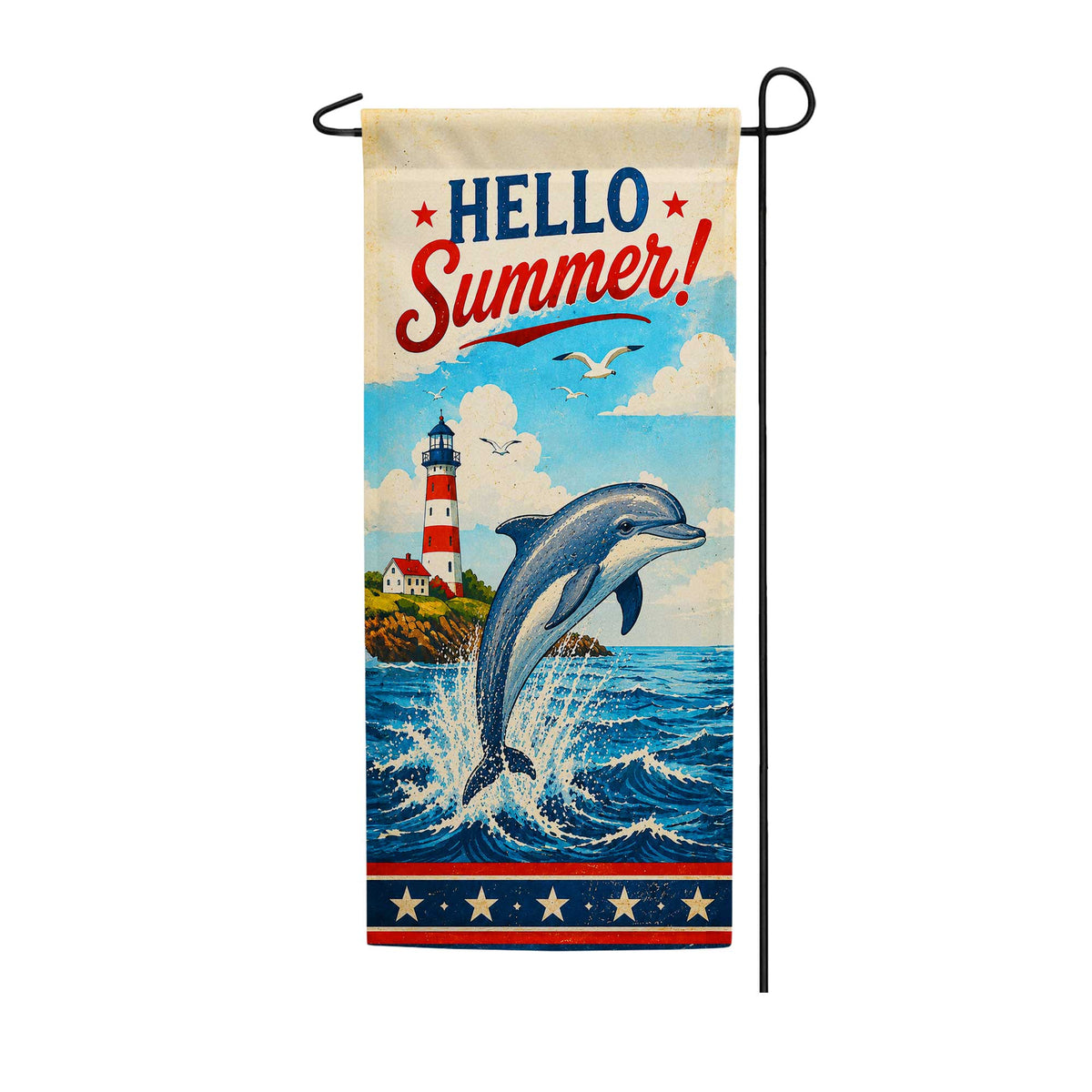 Hello Summer Dolphin Lighthouse Garden Banner Flag
