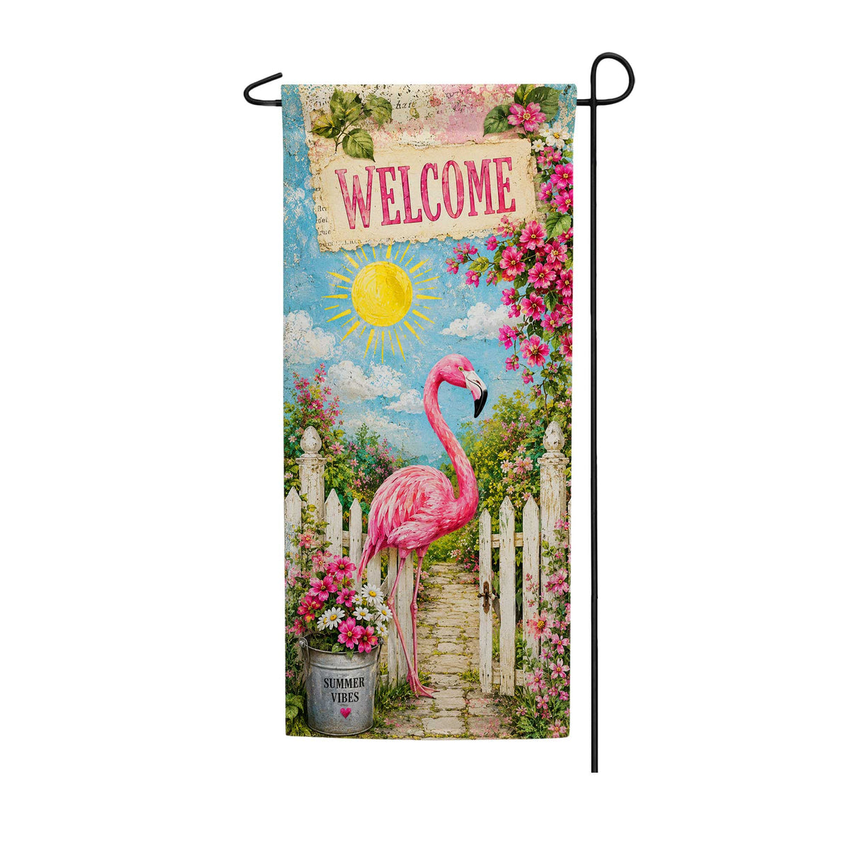 Welcome Flamingo Summer Vibes Garden Banner Flag