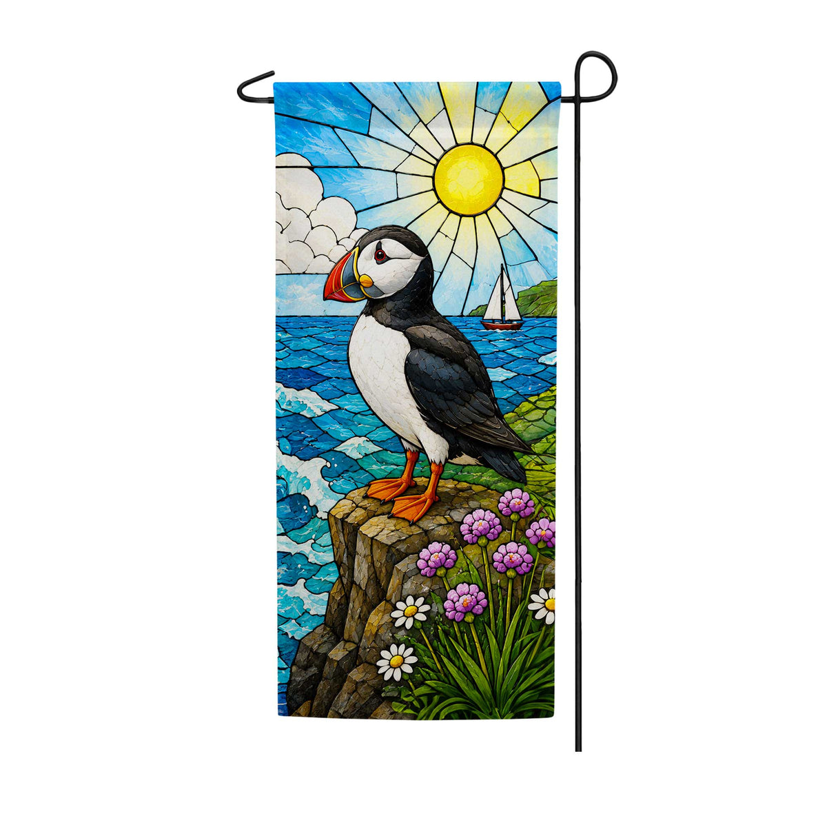 Stained Glass Puffin Coastal Garden Banner Flag