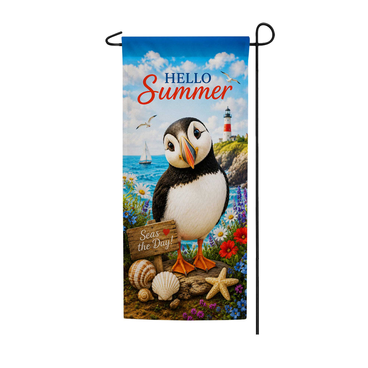 Hello Summer Puffin Coastal Garden Banner Flag