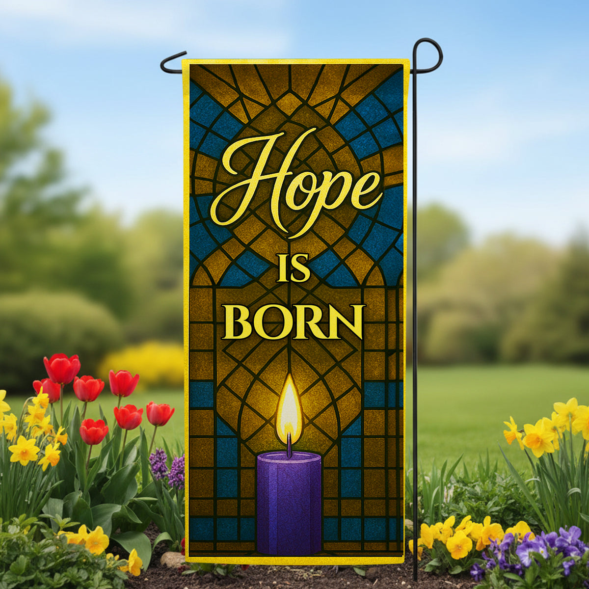 Hope is Born Stained Glass Double Sided Garden Banner Flag 12.5 x 28 inch