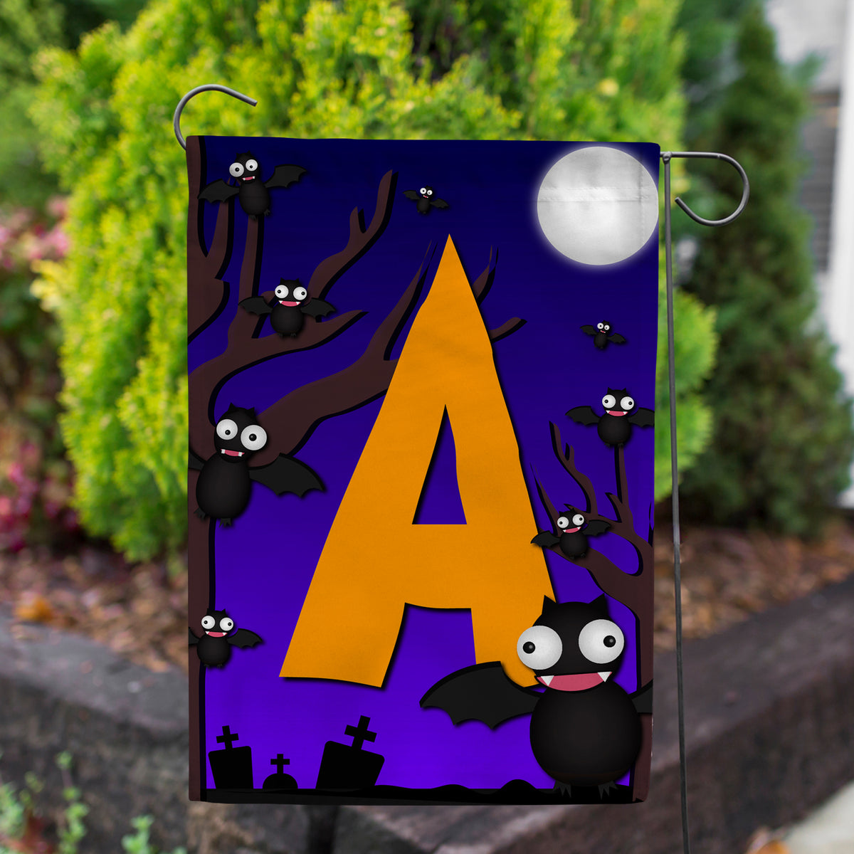 Crazy Bat Party Monogram Double Sided Garden Flag