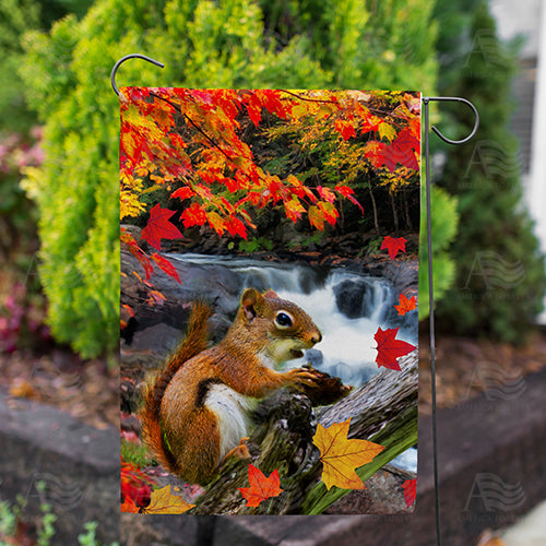 Squirrel At Waterfall Double Sided Garden Flag