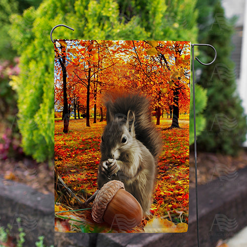 Fall Squirrel Finds Acorn Double Sided Garden Flag