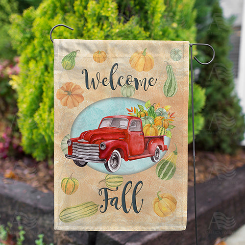 Welcome Fall Red Truck Double Sided Garden Flag