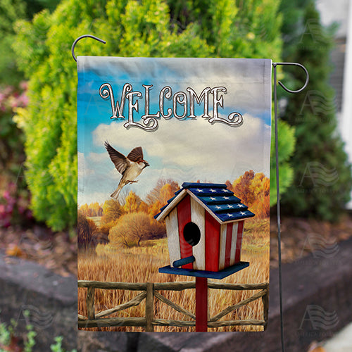 Flight To Patriotic Birdhouse Double Sided Garden Flag