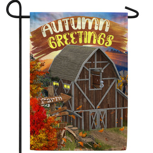 Rustic Autumn Barn Double Sided Garden Flag