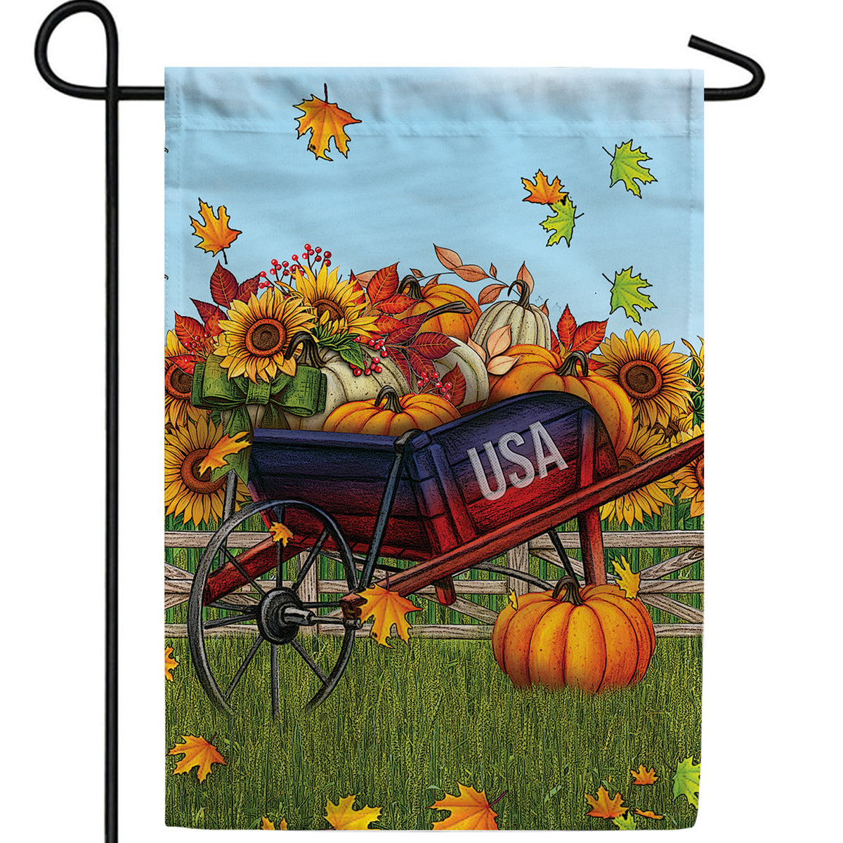 Patriotic Fall Wheelbarrow Double Sided Garden Flag