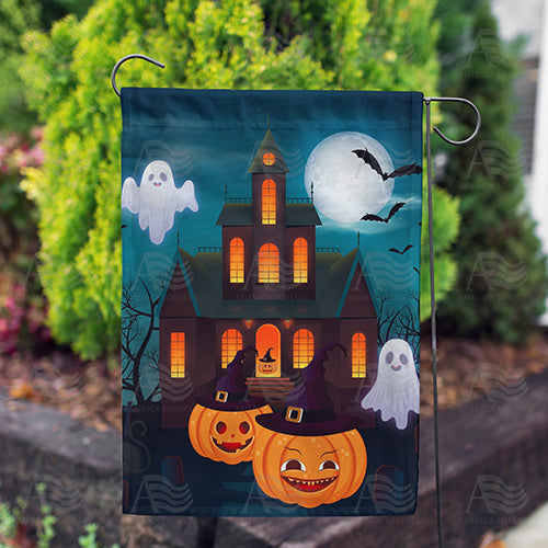 Haunted Pumpkin House Double Sided Garden Flag