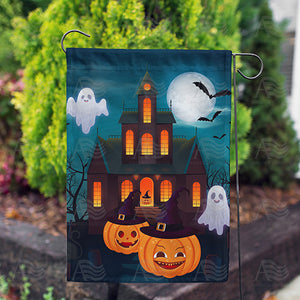 Haunted Pumpkin House Double Sided Garden Flag