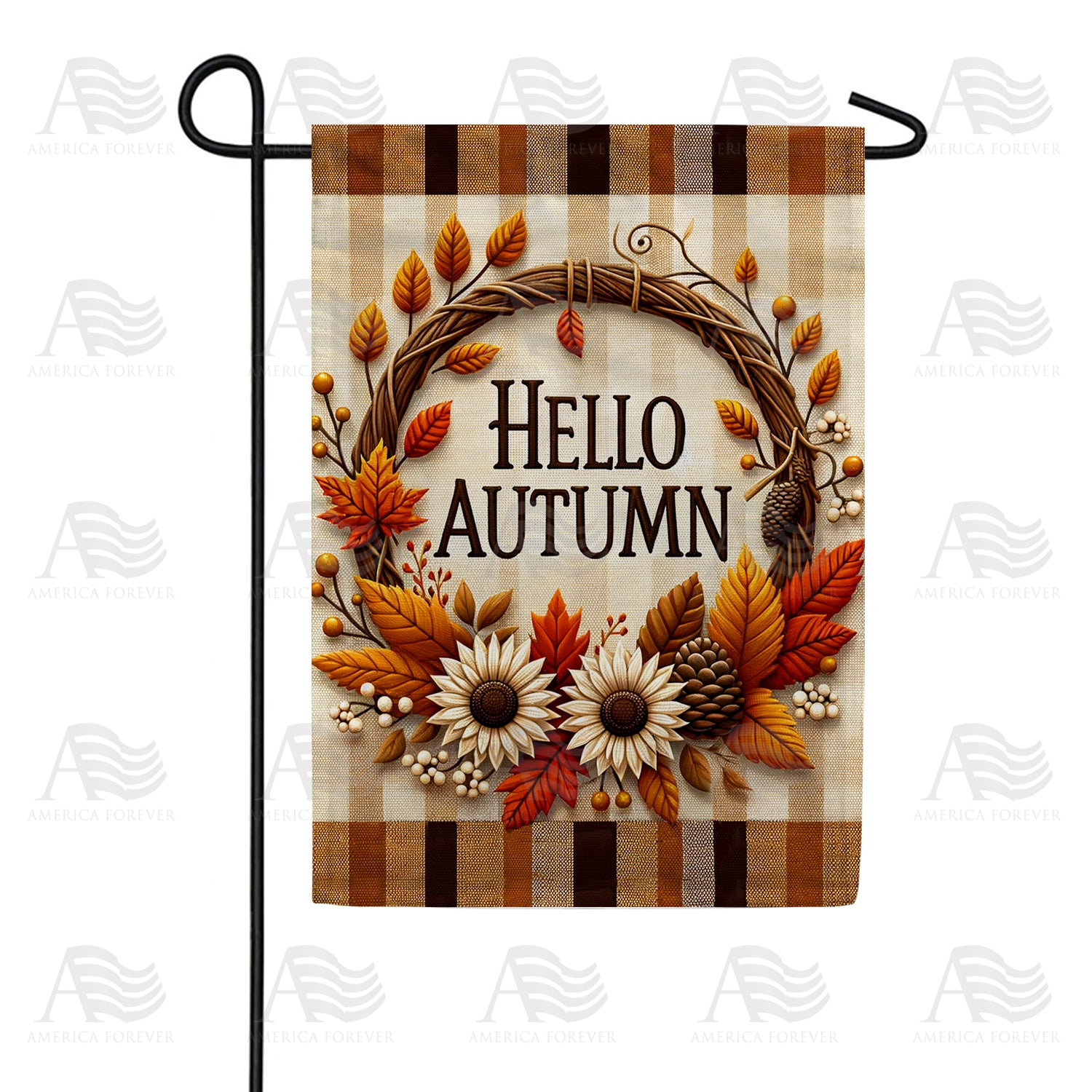 Gingham Autumn Greeting Double Sided Garden Flag