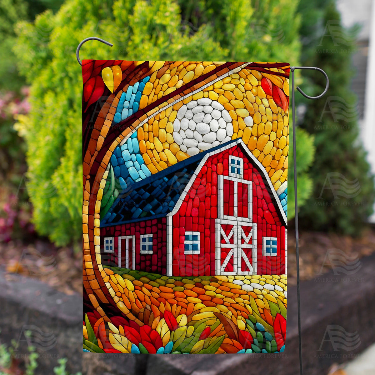 Fall Barn Mosaic Double Sided Garden Flag
