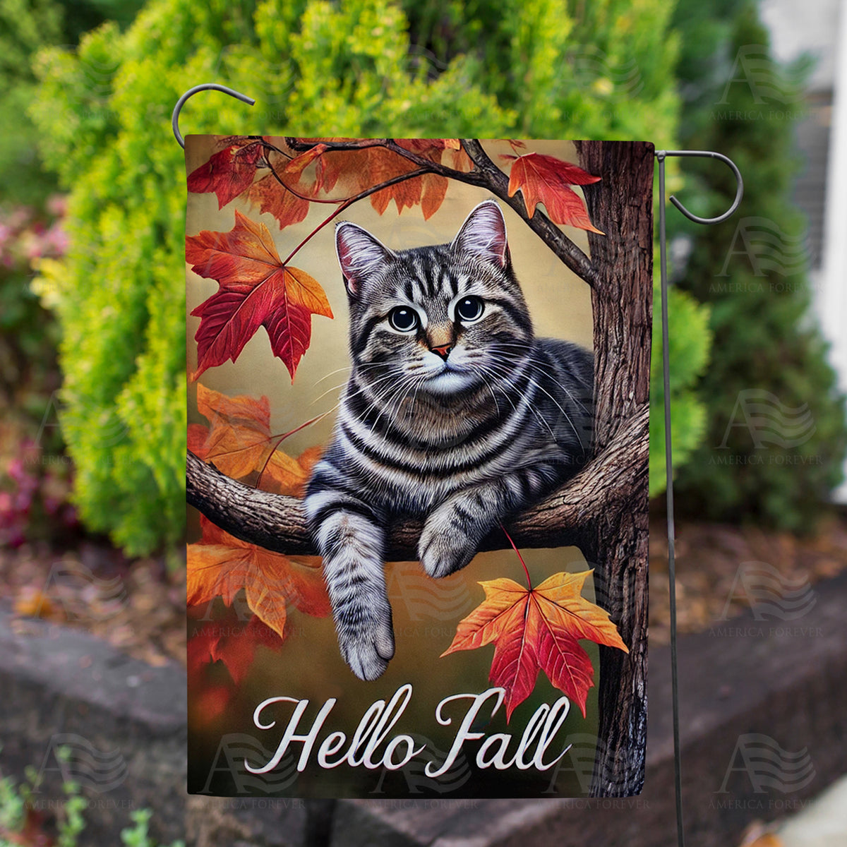 Hello Fall Tabby Cat Double Sided Garden Flag