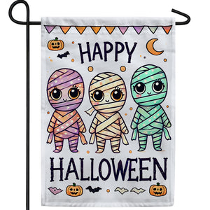 Cute Mummies Happy Halloween Double Sided Garden Flag