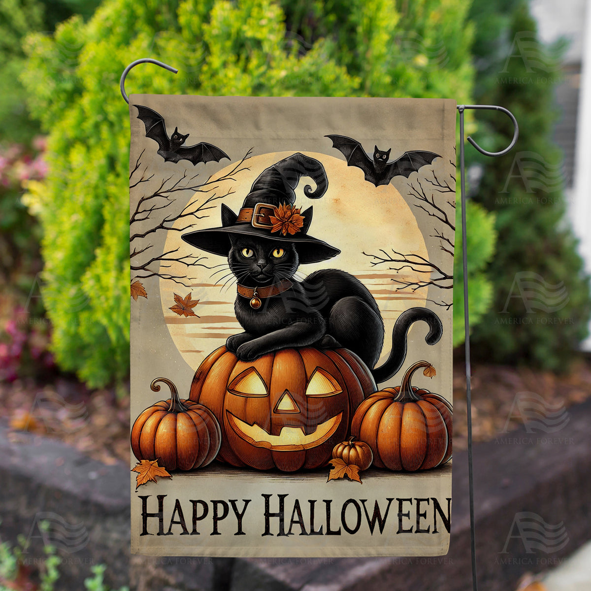 Happy Halloween Witch Cat Double Sided Garden Flag