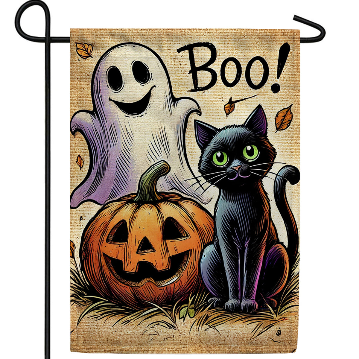 Boo Black Cat and Ghost Halloween Double Sided Garden Flag