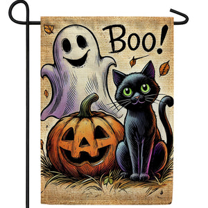 Boo Black Cat and Ghost Halloween Double Sided Garden Flag