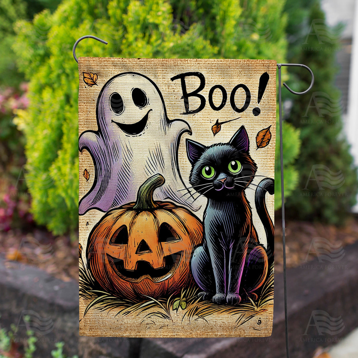 Boo Black Cat and Ghost Halloween Double Sided Garden Flag