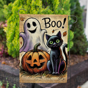 Boo Black Cat and Ghost Halloween Double Sided Garden Flag