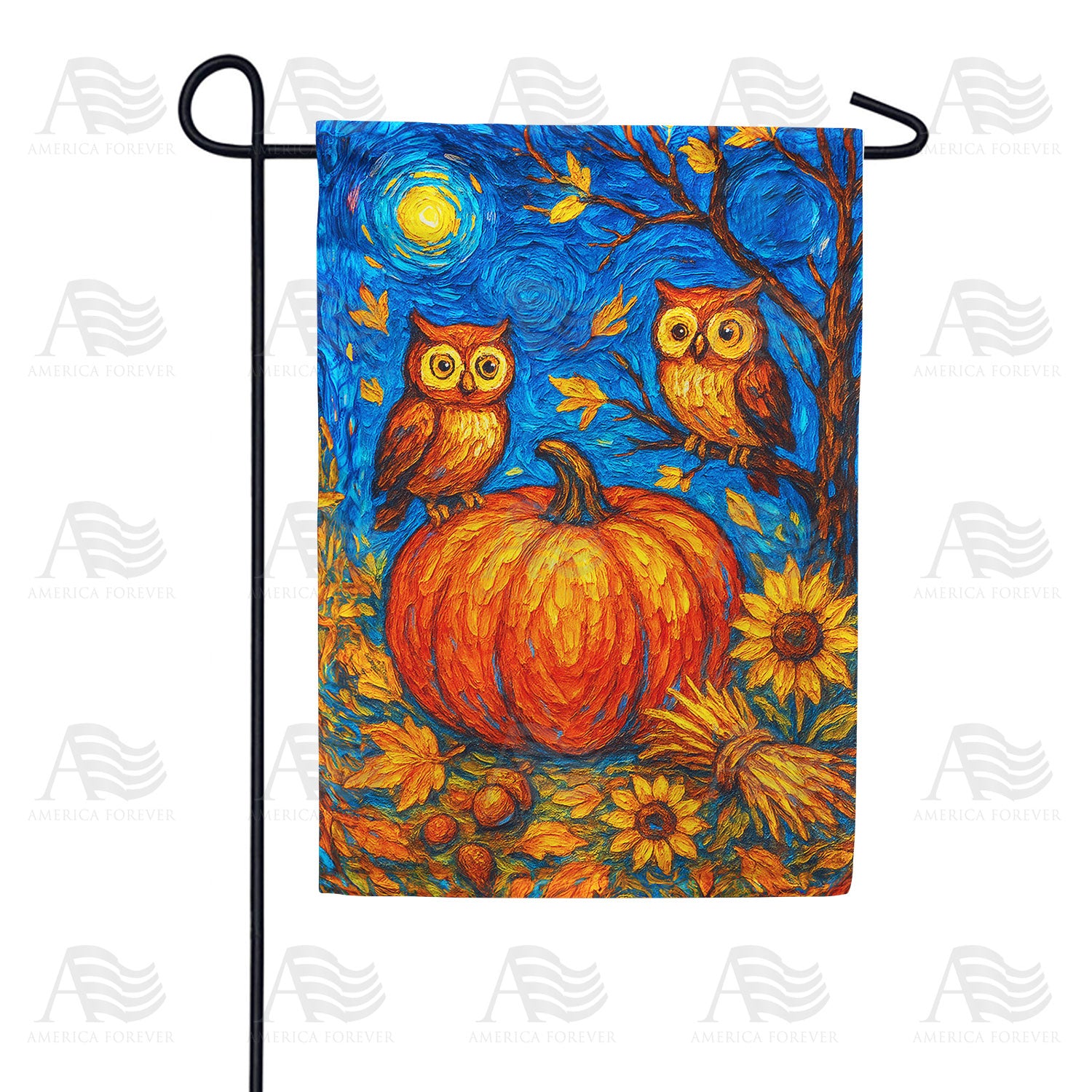 Starry Night Owls Pumpkin Double Sided Garden Flag 