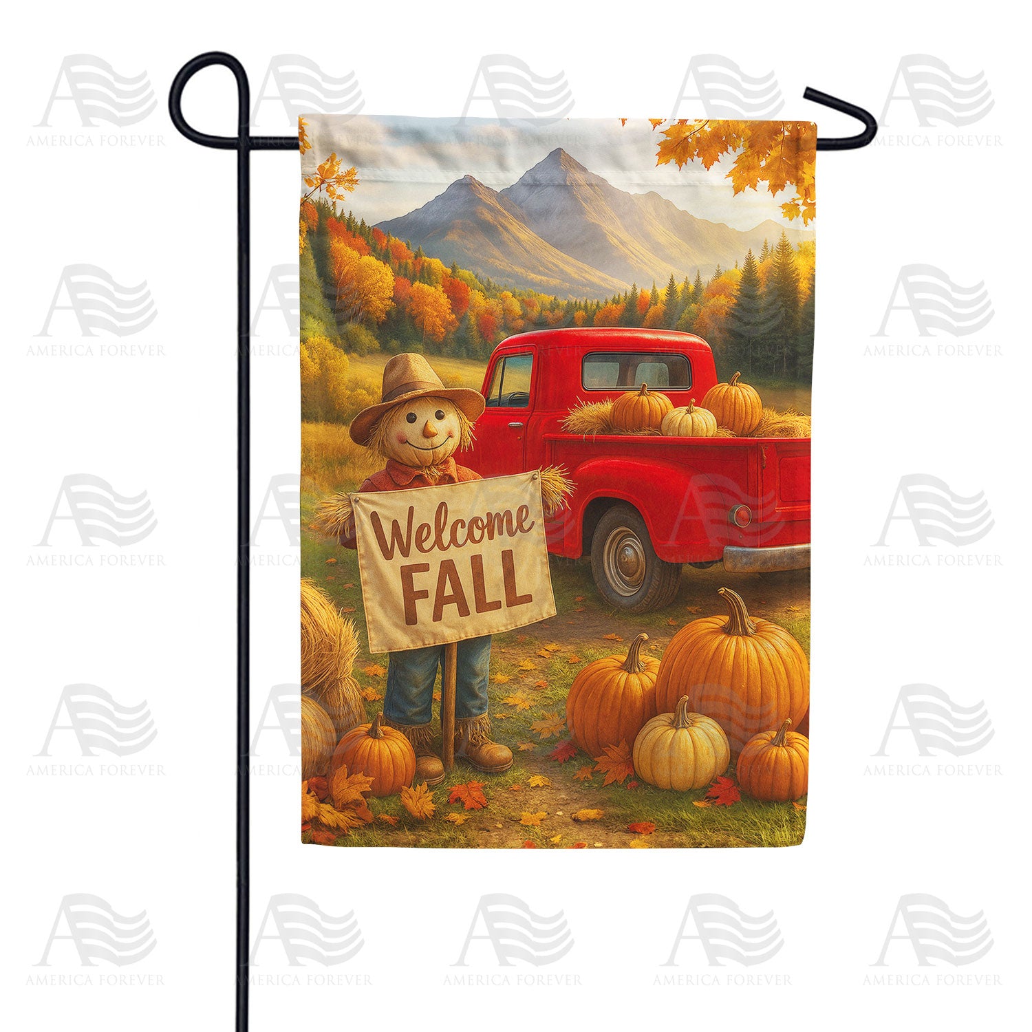 Welcome Fall Red Truck Scarecrow Double Sided Garden Flag