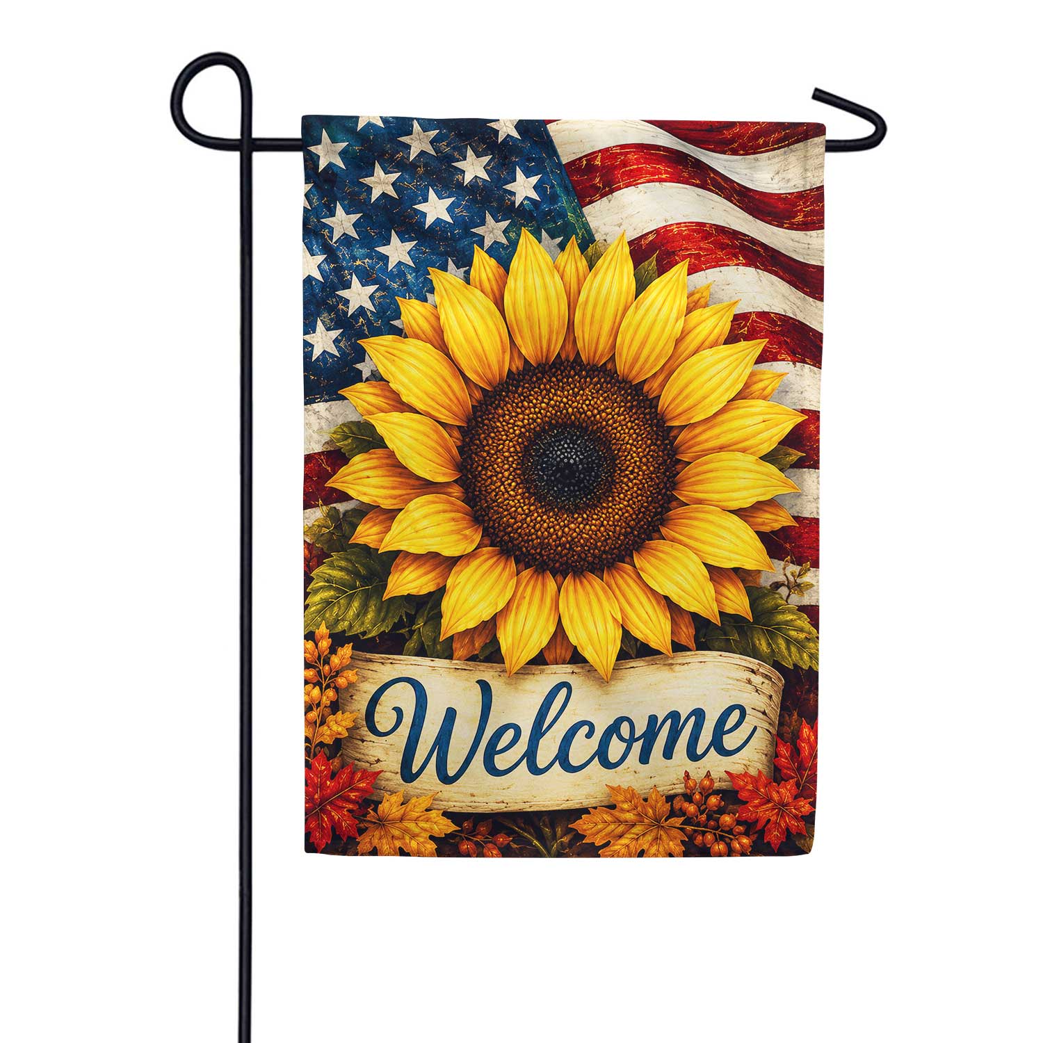 Patriotic Sunflower Welcome with Fall Leaves Garden Flag 