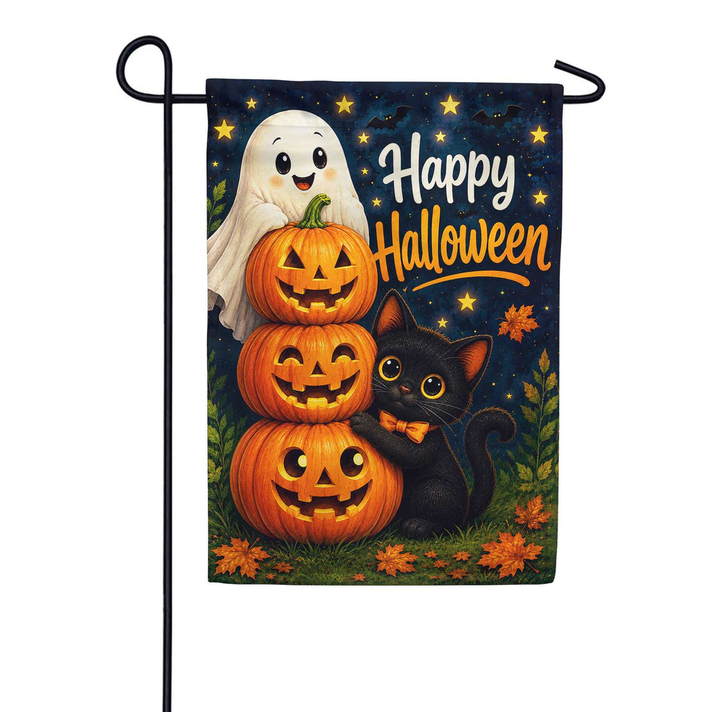 Happy Halloween Ghost Pumpkins and Black Cat Garden Flag