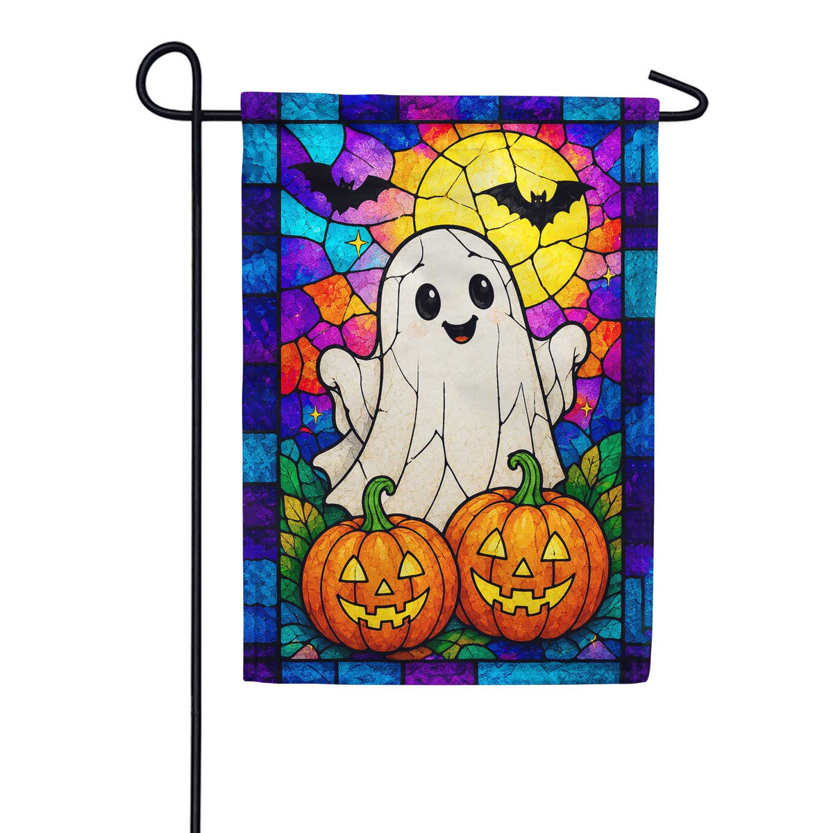 Stained Glass Halloween Ghost and Pumpkins Garden Flag