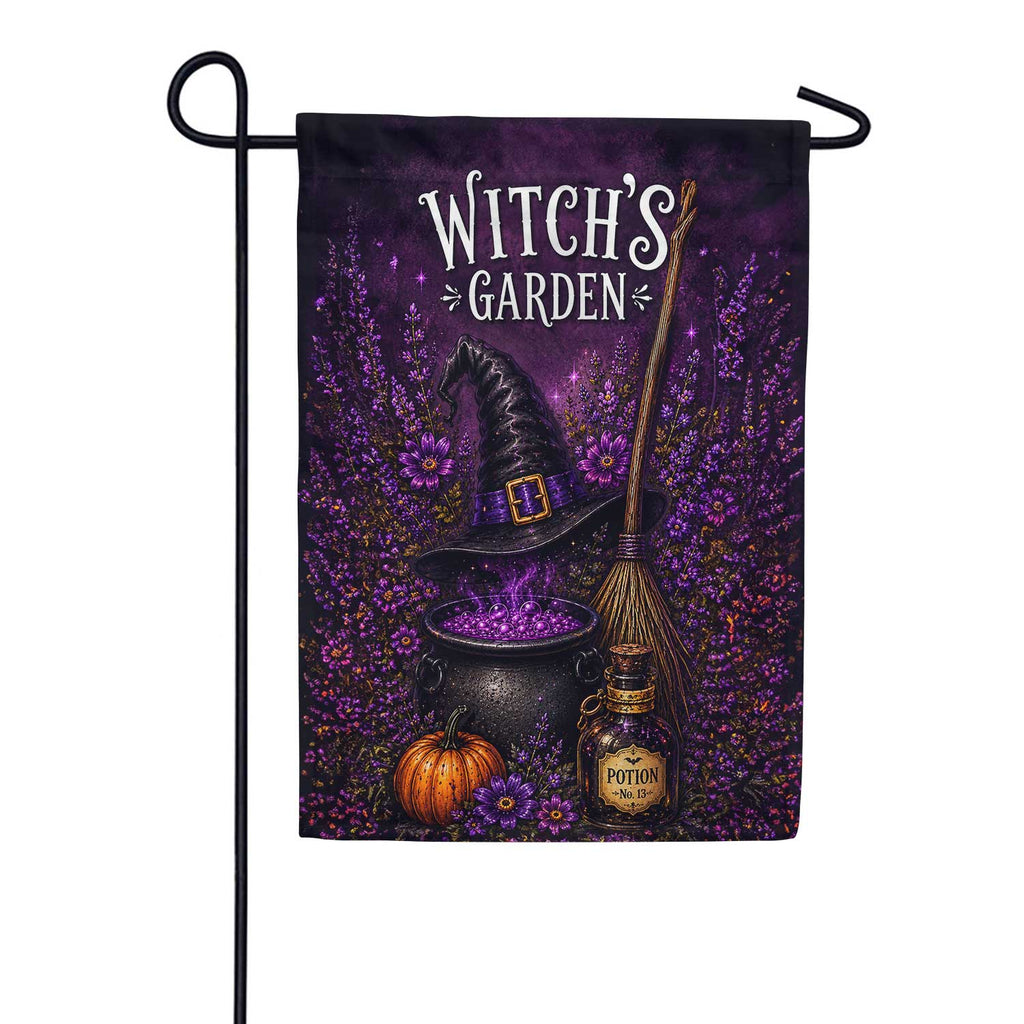 Witch's Garden Halloween Cauldron and Broom Garden Flag