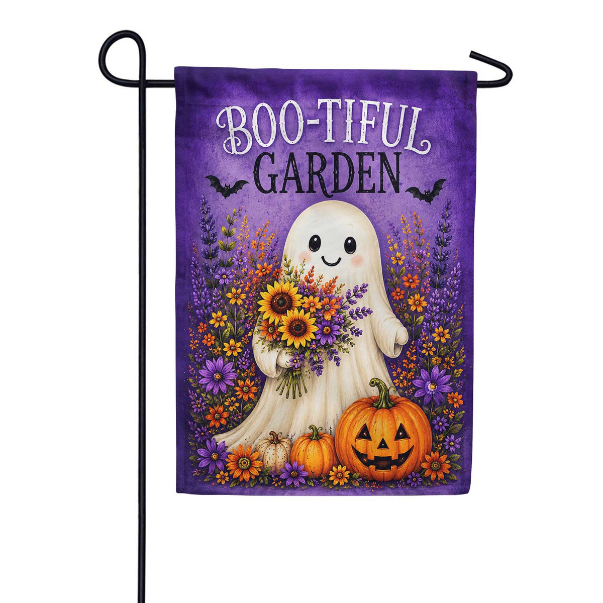 Boo-Tiful Garden Ghost with Flowers Halloween Garden Flag