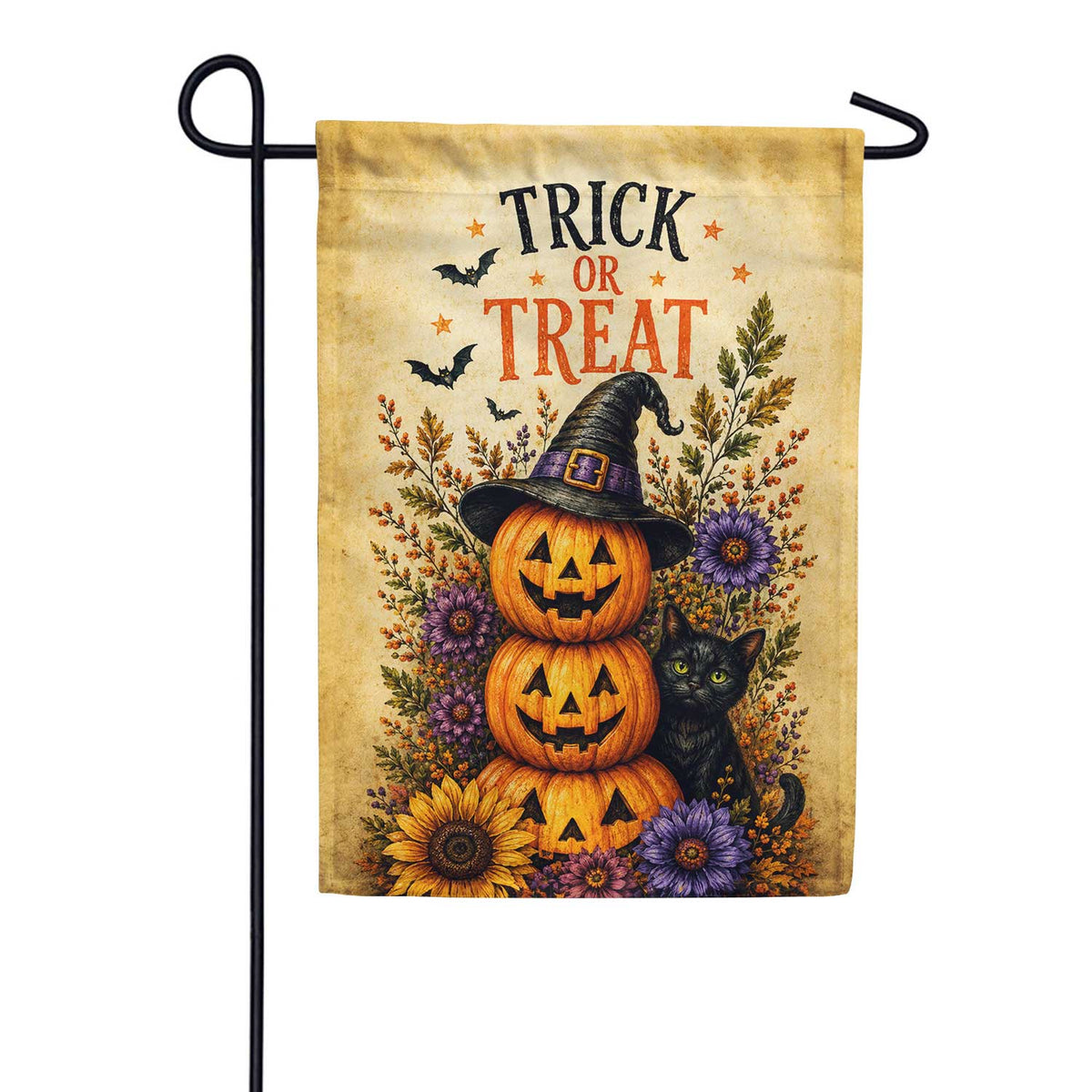 Trick or Treat Pumpkins Black Cat Halloween Garden Flag