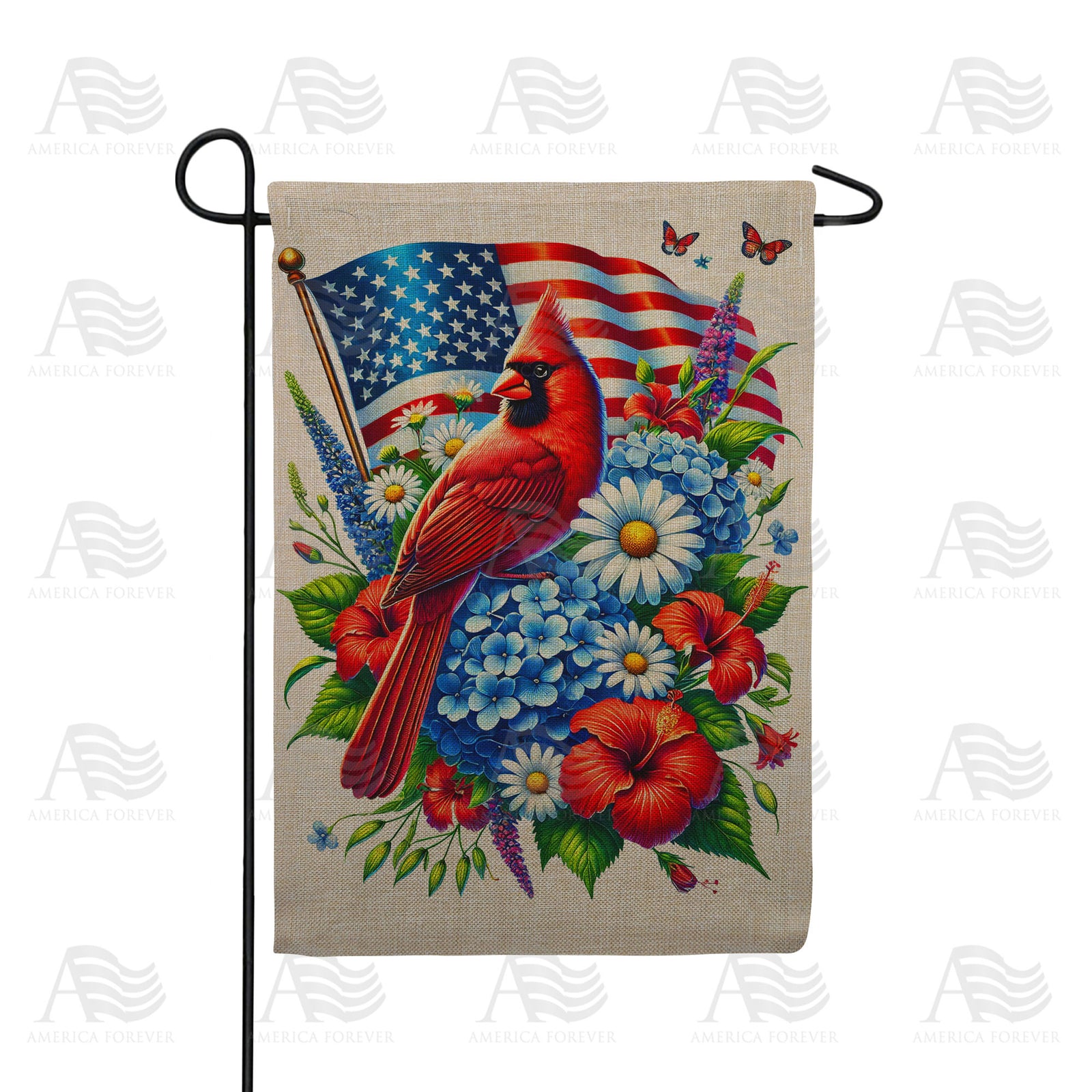 Patriotic Cardinal Flowers Double Sided Burlap Garden Flag