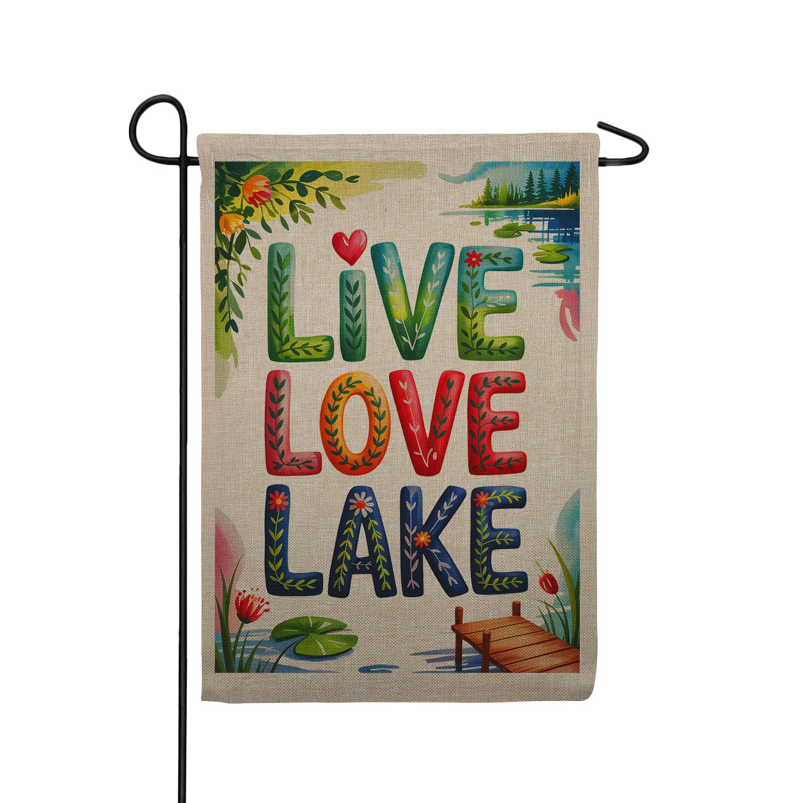 America Forever Live Love Lake Floral Lakeside Burlap Garden Flag