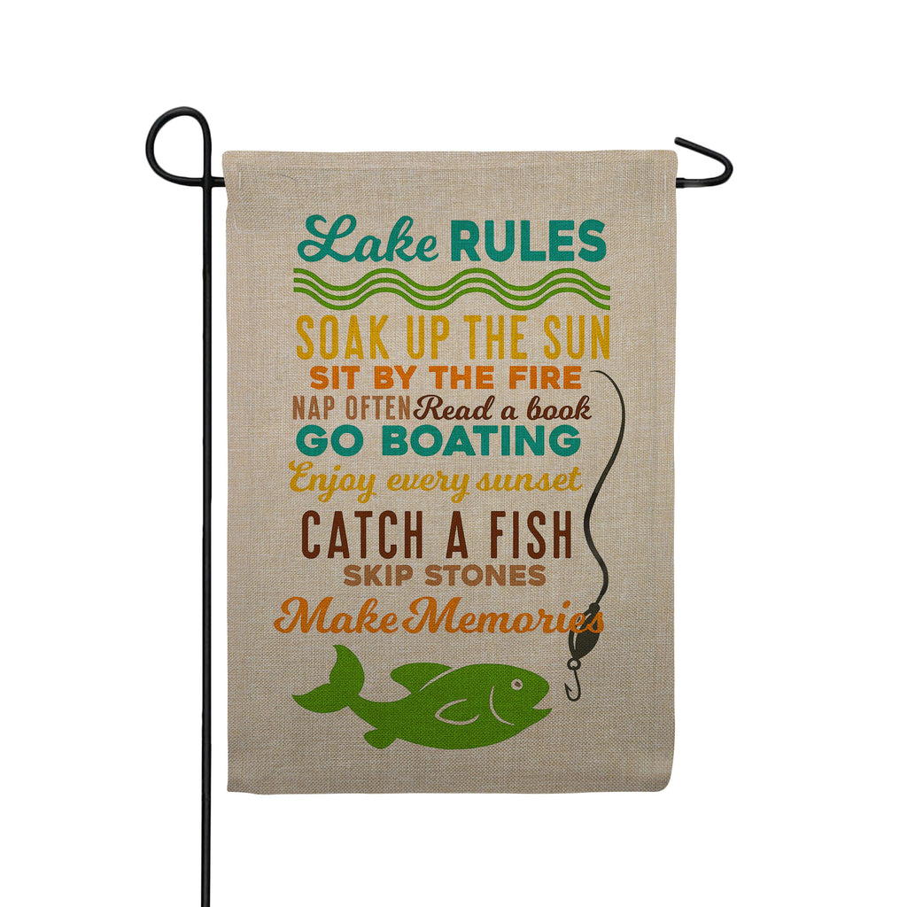 America Forever Lake Rules Rustic Burlap Garden Flag