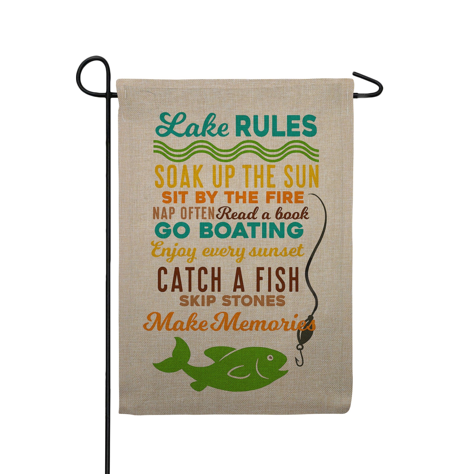 America Forever Lake Rules Rustic Burlap Garden Flag
