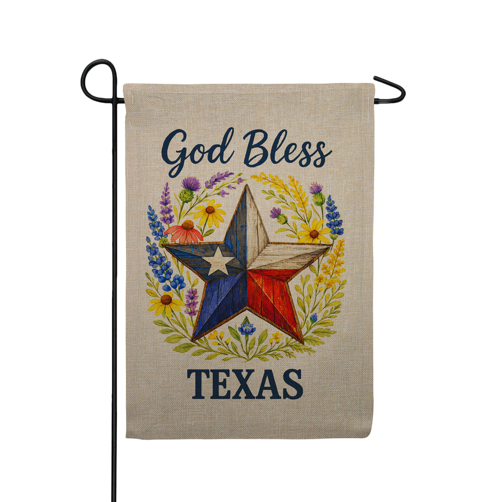 America Forever God Bless Texas Lone Star Wildflower Burlap Garden Flag