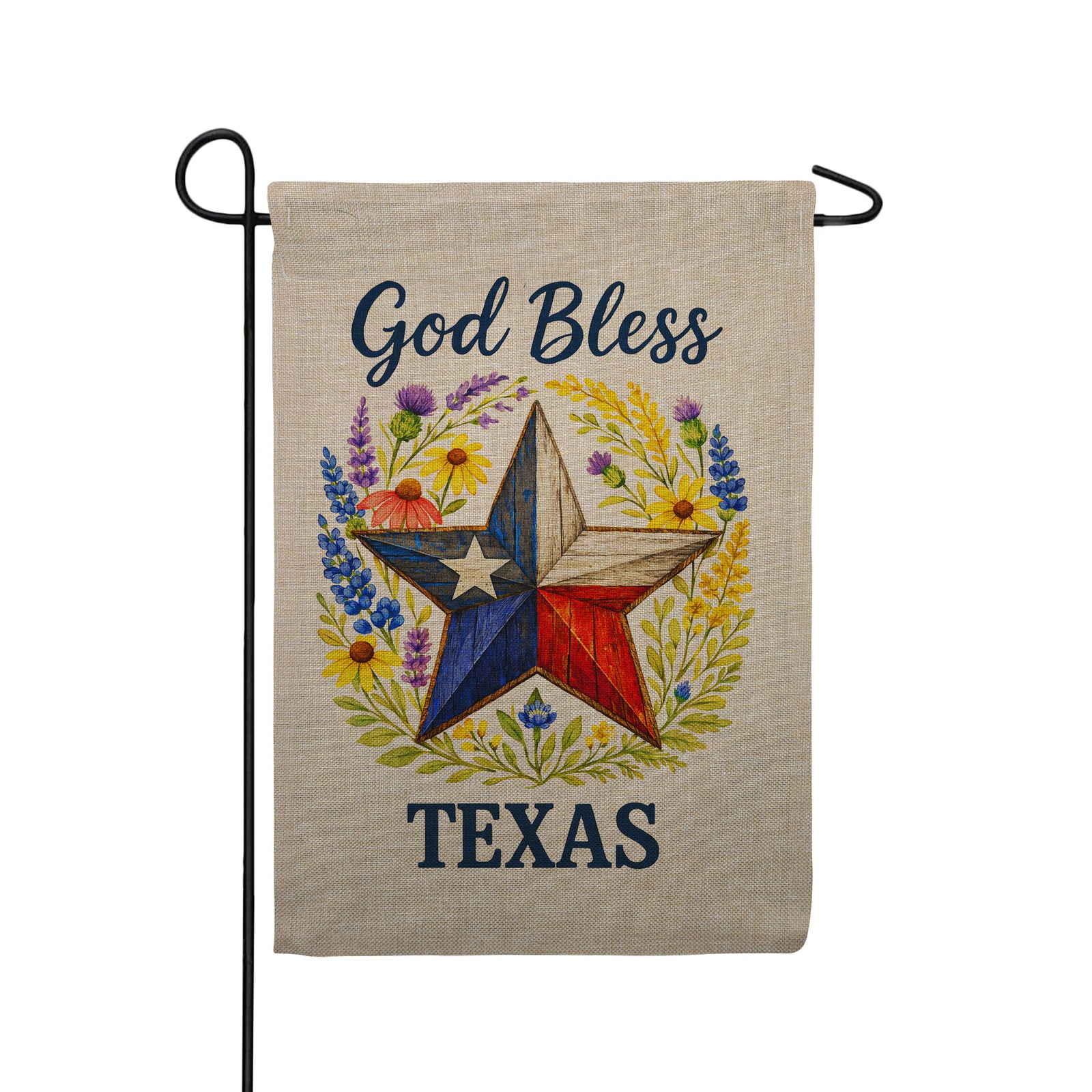 America Forever God Bless Texas Lone Star Wildflower Burlap Garden Flag
