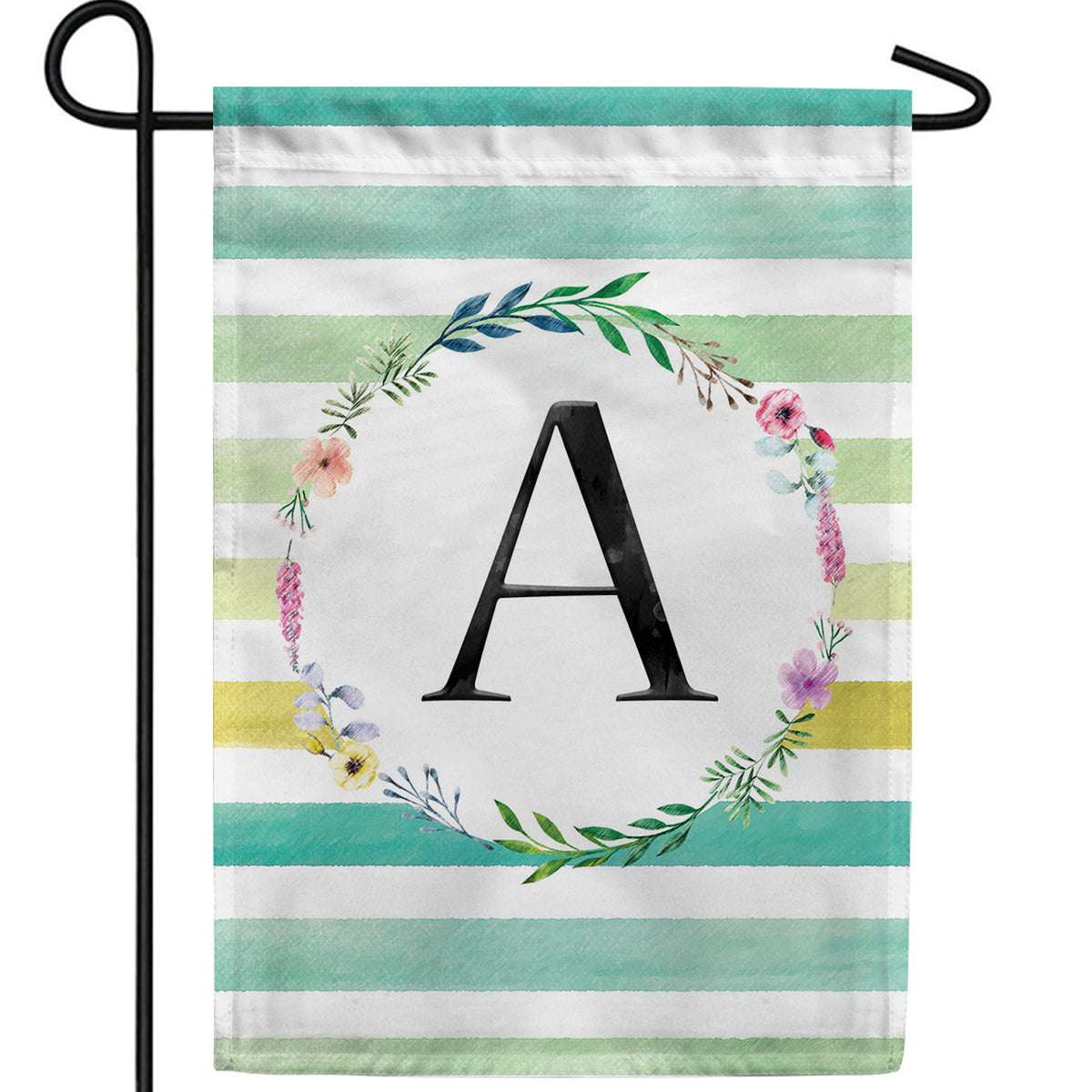 Blue Striped Watercolor Monogram Double Sided Garden Flag