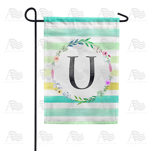 Blue Striped Watercolor Monogram Double Sided Garden Flag