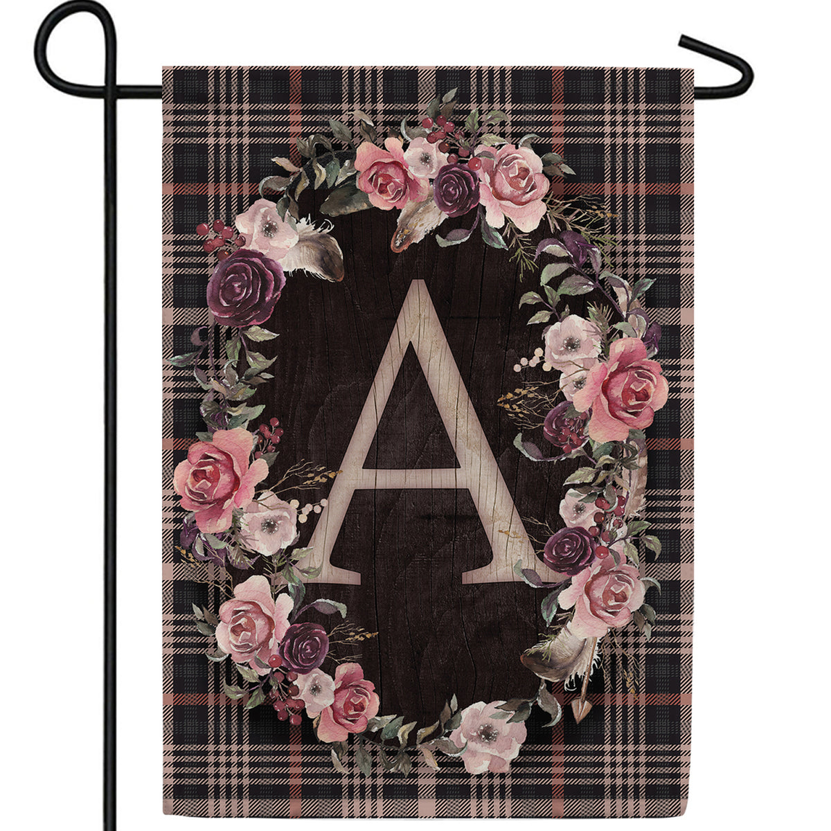 Pink And Black Plaid Monogram Double Sided Garden Flag
