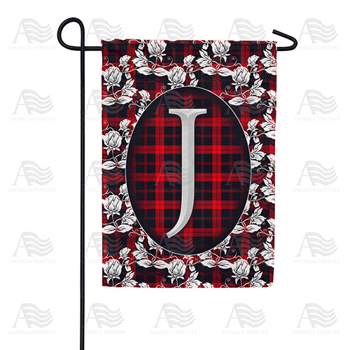 Elegant Red And Black Plaid Monogram Double Sided Garden Flag