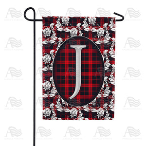 Elegant Red And Black Plaid Monogram Double Sided Garden Flag