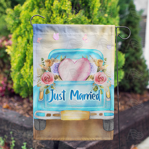 Just Married Pickup Truck Double Sided Garden Flag