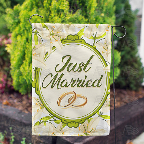 Just Married Rings Double Sided Garden Flag