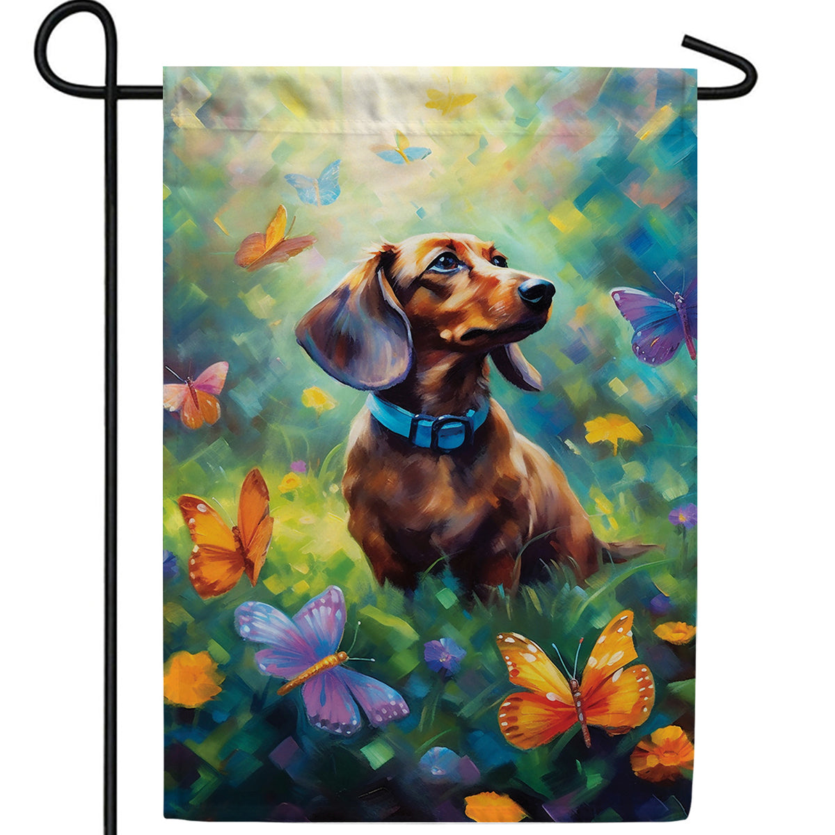 Dachshund & Dancing Butterflies Double Sided Garden Flag
