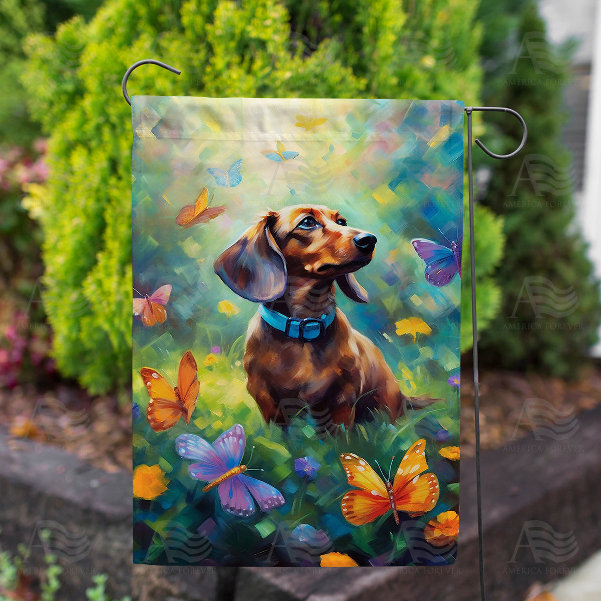 Dachshund & Dancing Butterflies Double Sided Garden Flag