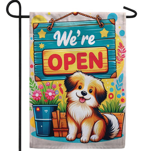 Welcoming Puppy with Open Sign Double Sided Garden Flag